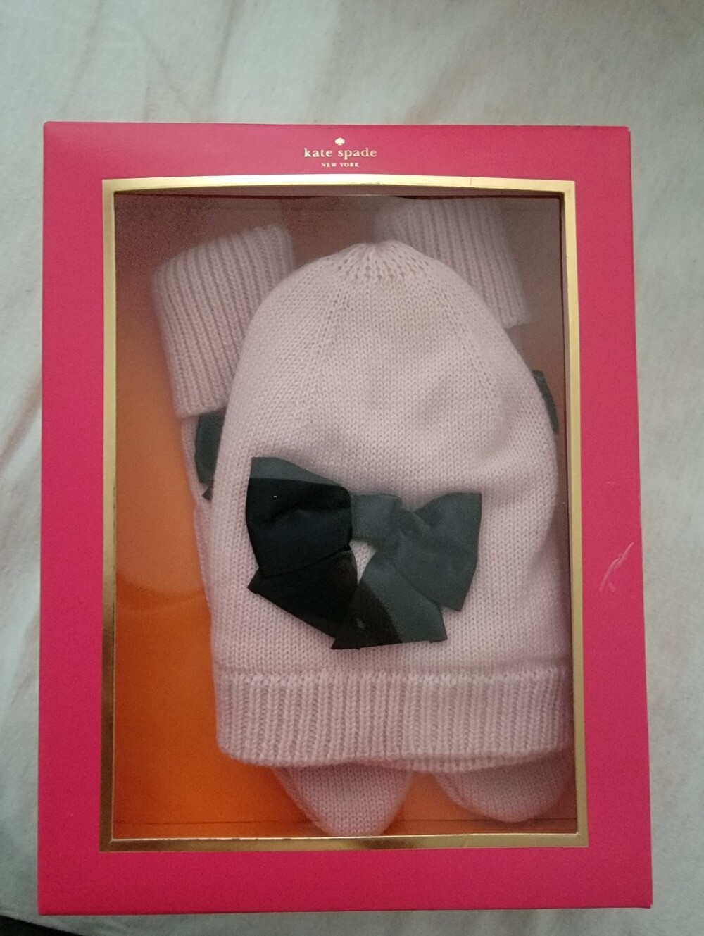 kate spade Pink Knit Hat and Mittens Set with Black Bow